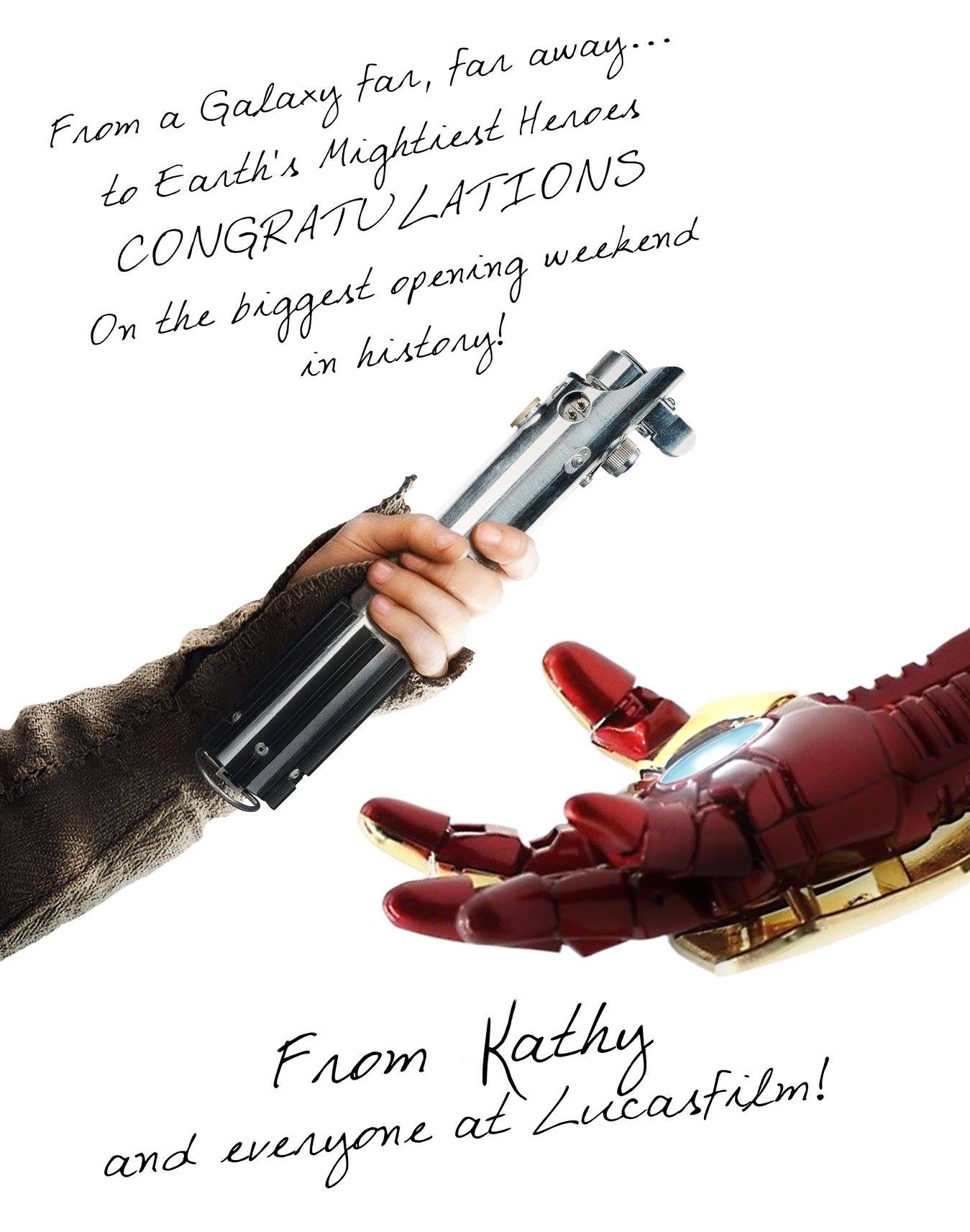 Plagát od štúdia Lucasfilm, ktorý gratuluje Infinity War, keď sa im podarilo poraziť ich stanovený rekord za najväčší otvárak v histórii